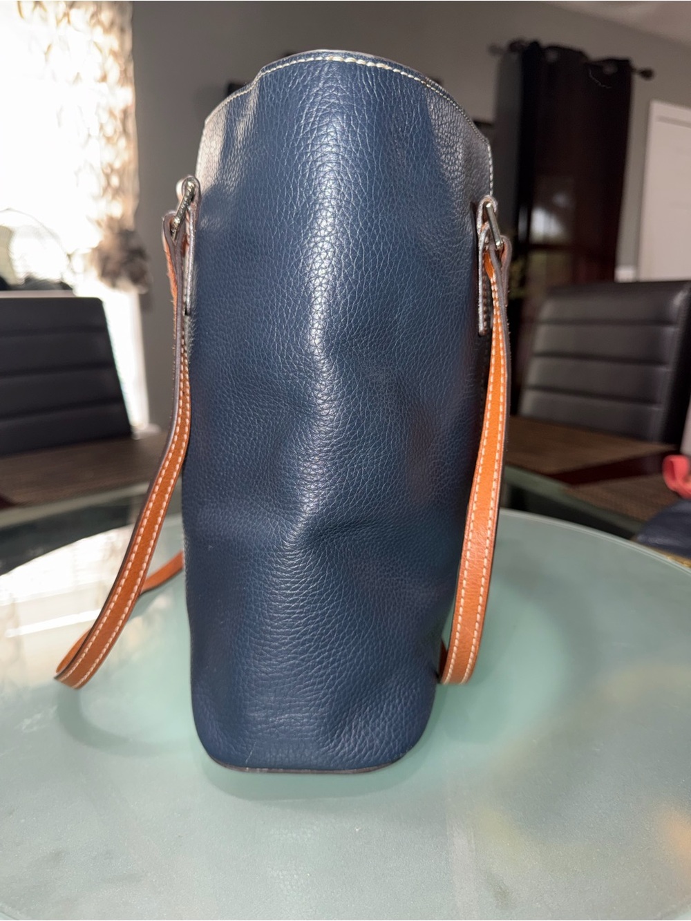 Dooney & Bourke Navy Pebbled Leather Tote with Brown Straps - Picture 2 of 9